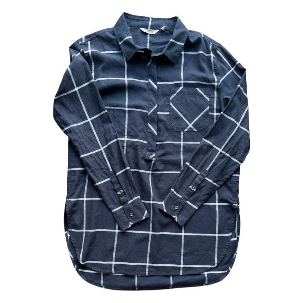 NWT Athleta Women's M Blue White Plaid Collared Long Sleeve Button-Up Tunic Top